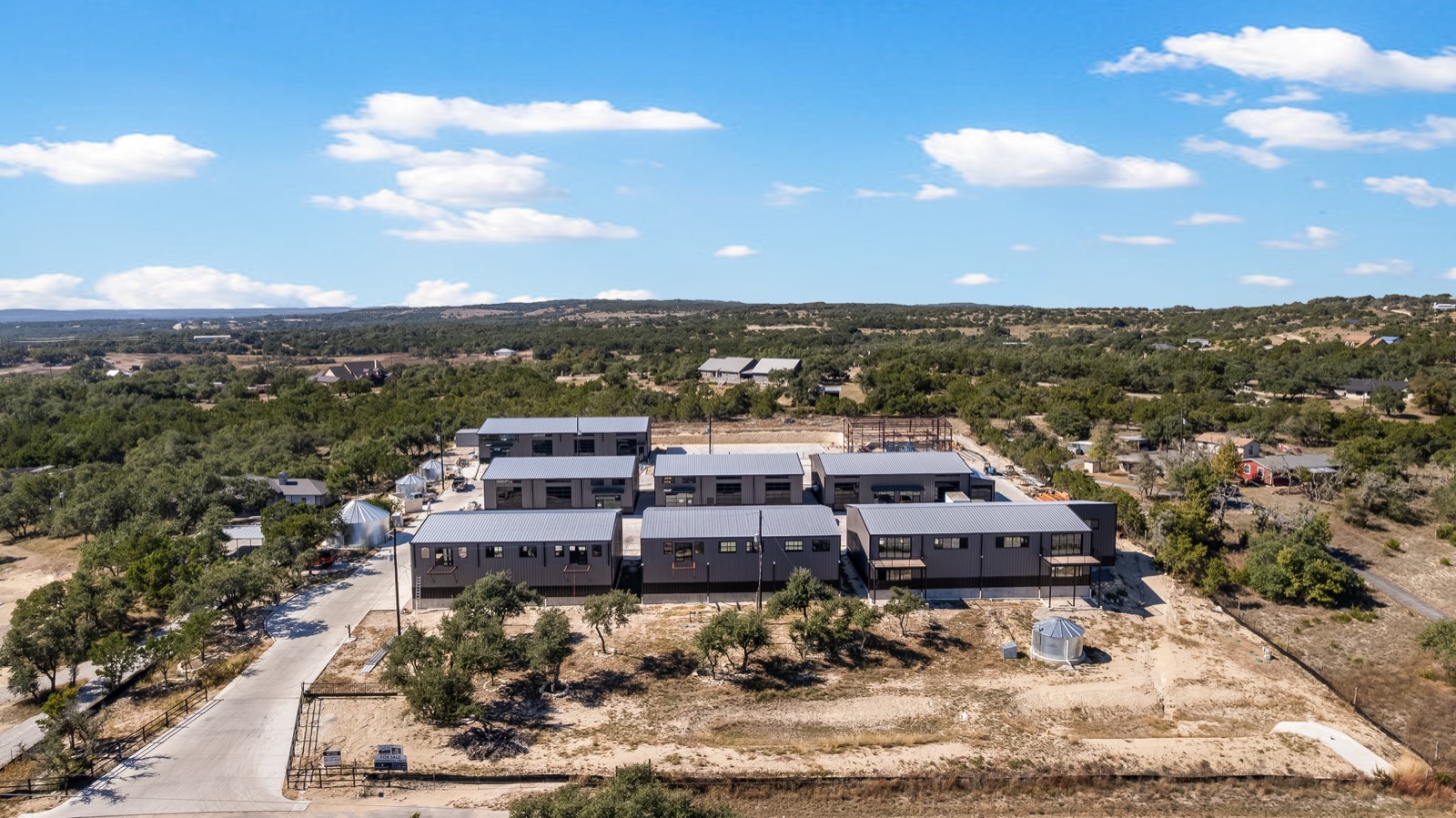 Aerial view of Farm Lane's completed flex-space development in the Texas Hill Country