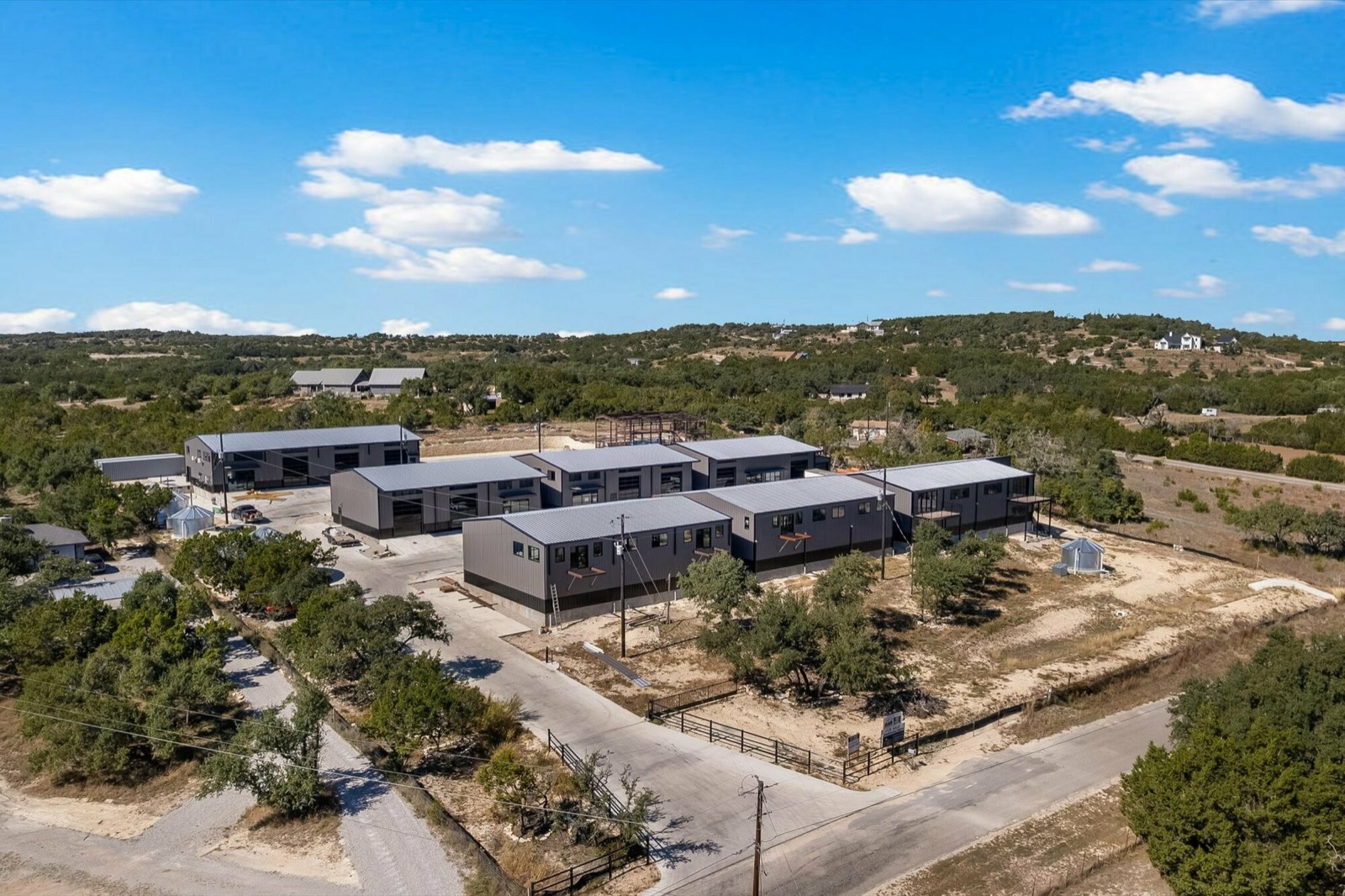 Aerial view of Farm Lane flex-space development in the Texas Hill Country